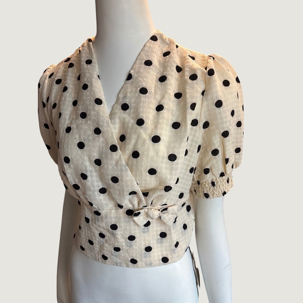 Retro Stage Cream Black Polka Dot Wrap Top Short Puff Sleeve Blouse Large NWT - Picture 2 of 8